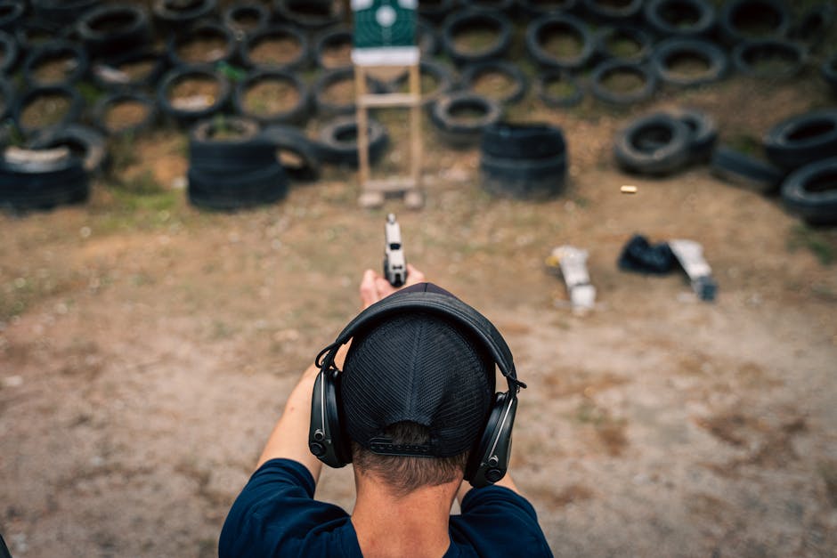A man aiming a pistol at a target in an outdoor shooting range with headphones on.