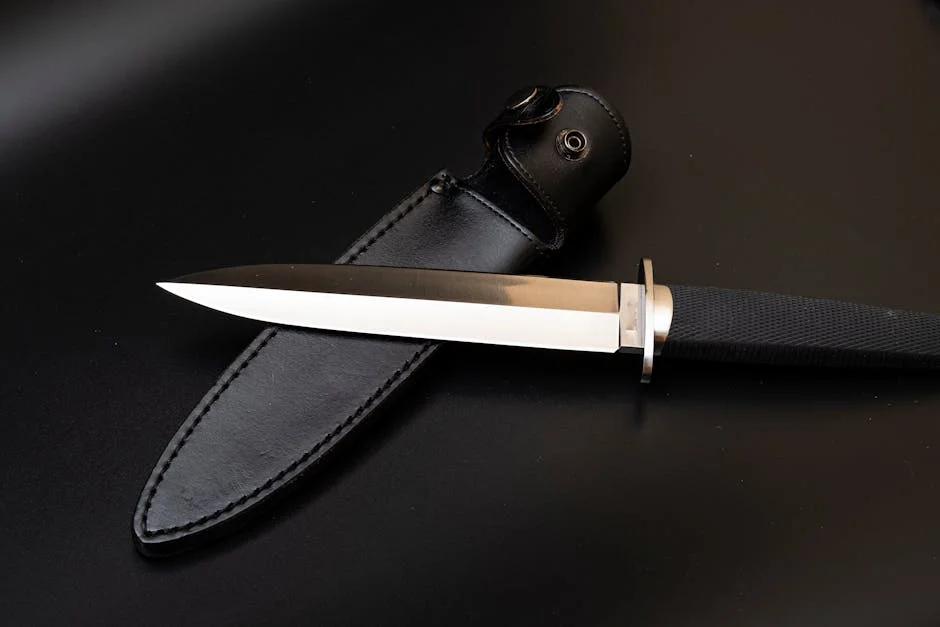 A polished stainless steel dagger and black leather sheath on a dark background.