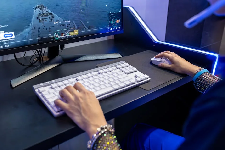 Close-up of a person gaming on a PC with a colorful setup and gaming accessories.