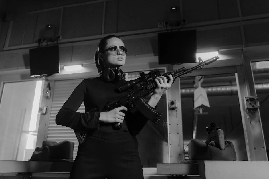 Woman at an indoor shooting range holding a sniper rifle.
