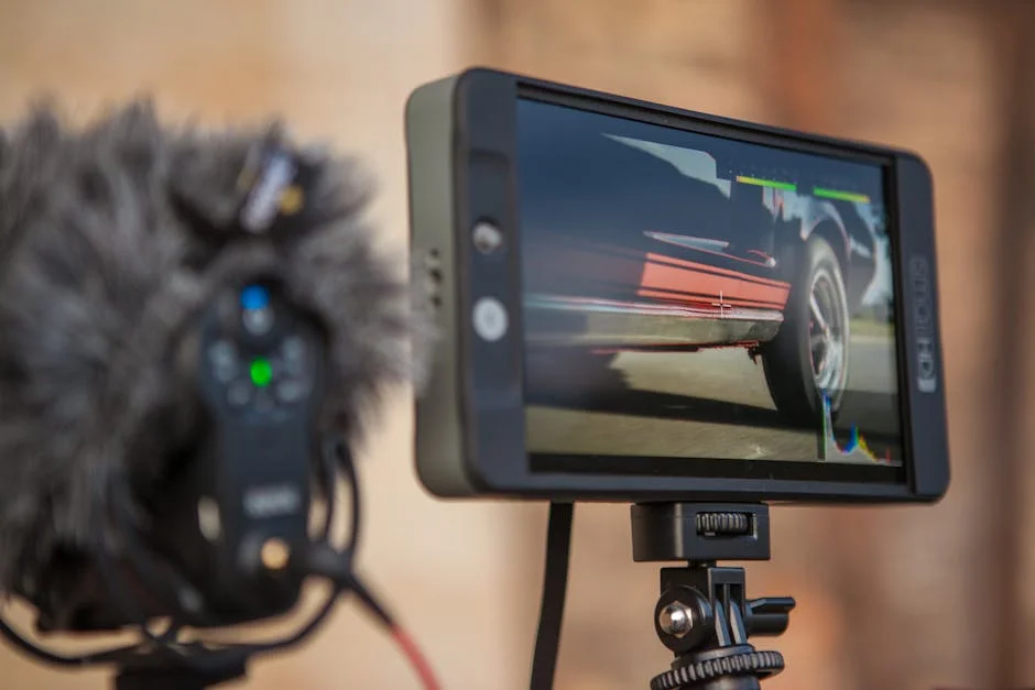 Close-up of a video monitor recording a car, showcasing professional filming equipment setup indoors.