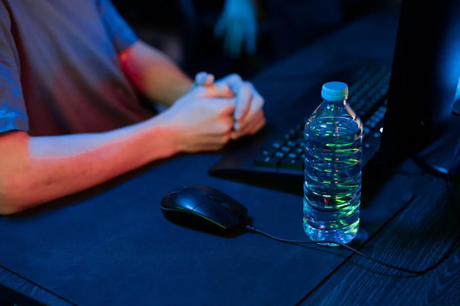 A close-up view of a gaming setup featuring a water bottle and computer mouse in a dimly lit environment.