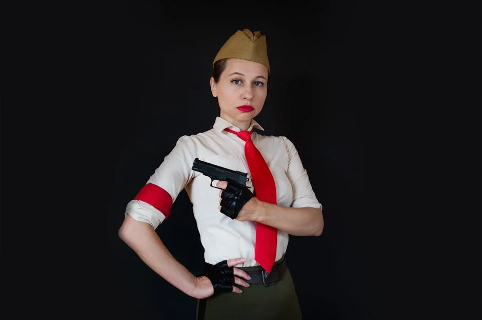 A woman in military-inspired attire holding a gun with a confident expression, set against a dark background.